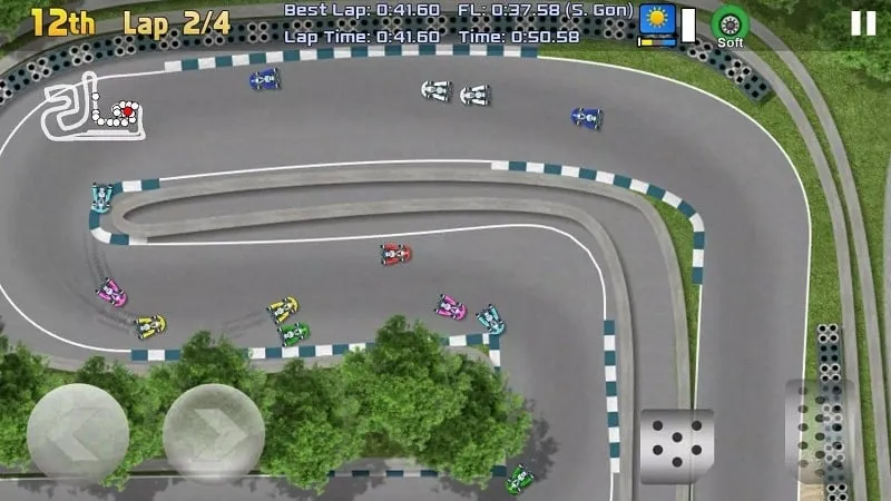 Screenshot of a gameplay moment in Ultimate Racing 2D 2 demonstrating a race in progress with upgraded cars.