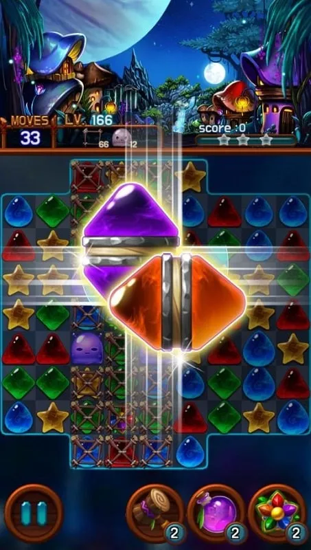 Screenshot of a level in Jewel Galaxy showcasing the colorful gems and various obstacles.