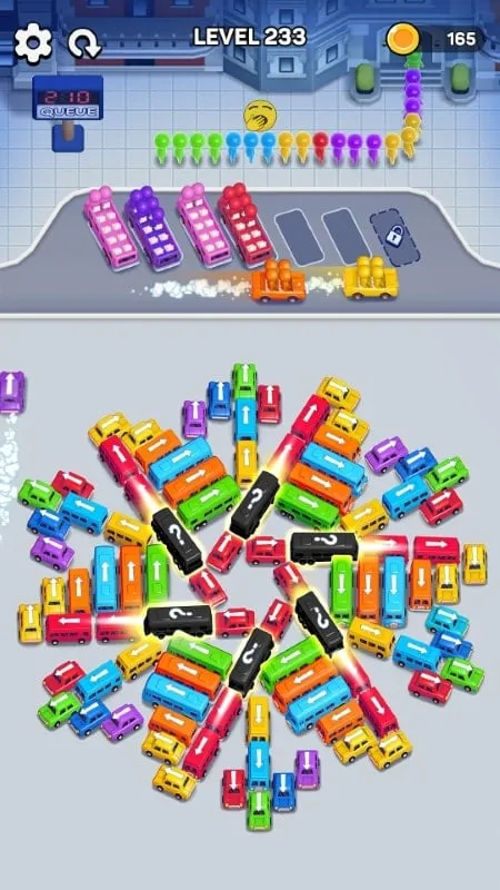 Screenshot of Bus Out displaying various parking lot shapes and configurations, adding complexity to the puzzle.