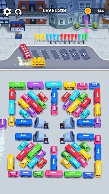 Screenshot of Bus Out showing different types of vehicles and their respective colors for easy identification within the parking lot.