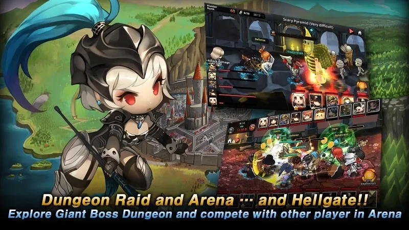 Screenshot of gameplay in Dungeon Breaker Heroes showing characters fighting a boss monster.