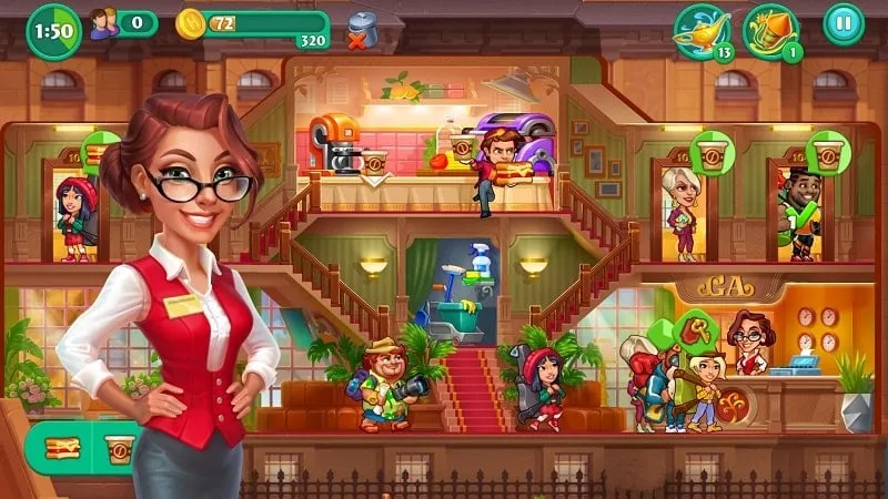 Screenshot of Grand Hotel Mania demonstrating the hotel upgrade interface.