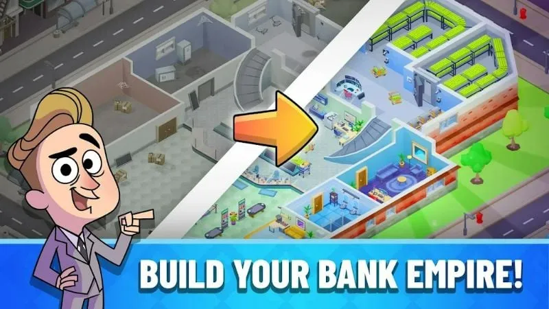 Screenshot of Idle Bank Tycoon demonstrating the bustling activity within the bank and the flow of customers.