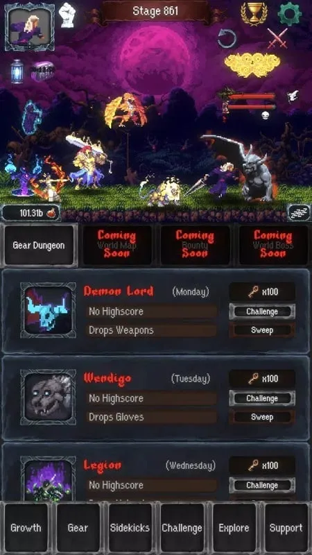 Screenshot of Idle Beast Hunter gameplay on Android, displaying in-game challenges and enemies.