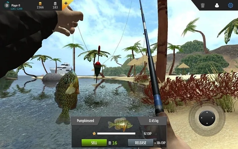 Screenshot of Professional Fishing gameplay, highlighting a player reeling in a large fish using upgraded equipment.