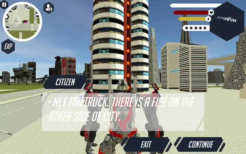 Screenshot of Robot Firetruck gameplay featuring the futuristic city environment.