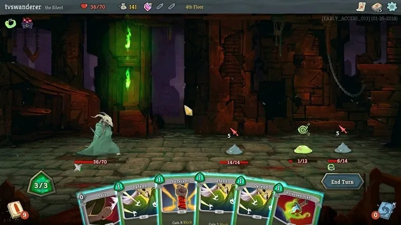 Tangkapan layar gameplay Slay the Spire yang menunjukkan kombo kartu yang kuat sedang beraksi, menyoroti kedalaman strategis game.