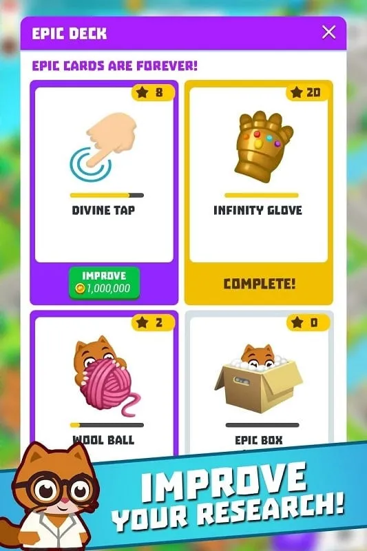 Captura de pantalla de Super Idle Cats que destaca la diversa gama de árboles frutales disponibles para plantar y mejorar en el juego.