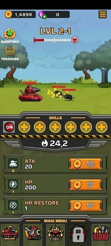 Screenshot of Tank Assault gameplay, showcasing the in-game interface and a tank battling enemies in a forest setting.