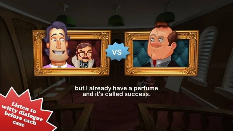 Screenshot of the courtroom gameplay in Devil's Attorney, demonstrating the game's visual style and interface.