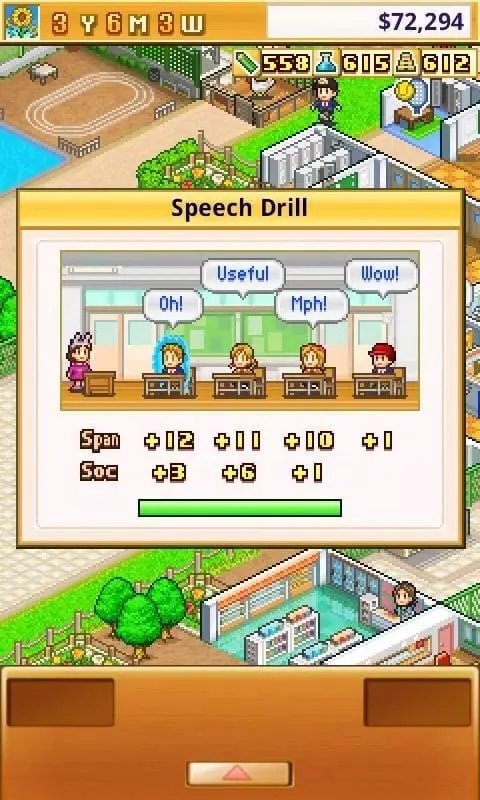 Screenshot of the gameplay in Pocket Academy demonstrating various school facilities and student activities.