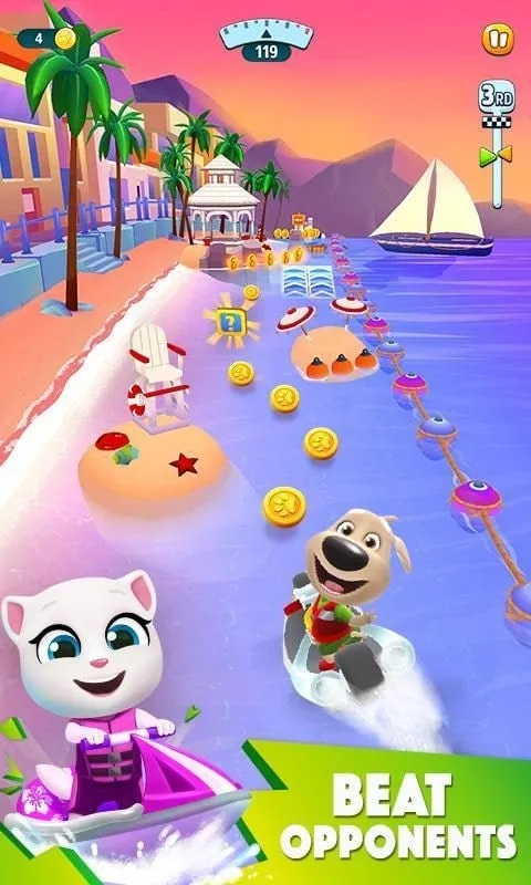 Screenshot of the in-game store in Talking Tom Jetski 2 showcasing available upgrades and customization options.