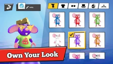 Screenshot of the Mouse Trap game displaying the character selection screen with various mice in colorful costumes.