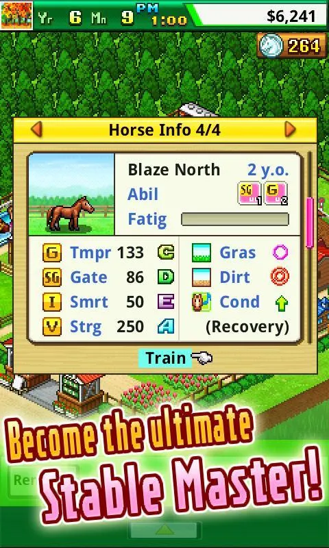 Screenshot of the Pocket Stables game interface displaying the horse breeding options and stats.