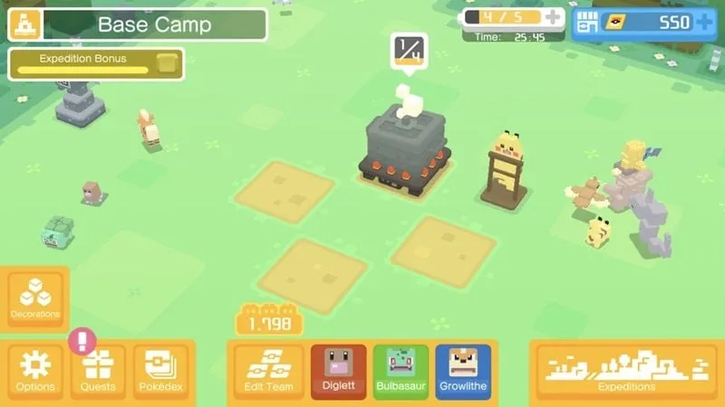 Tangkapan layar game Pokemon Quest yang menyoroti ekosistem yang beragam dan fitur pembangunan base.