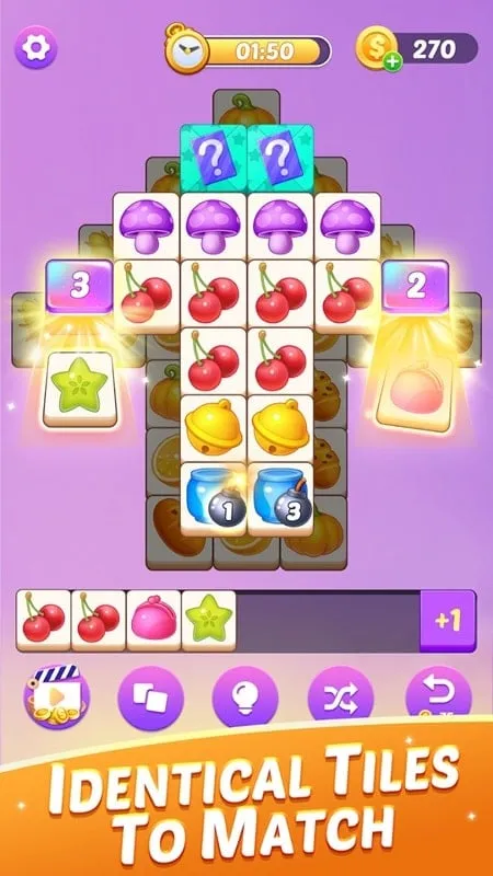 Screenshot of Tile Match Blast gameplay on an Android device, highlighting a complex level layout.