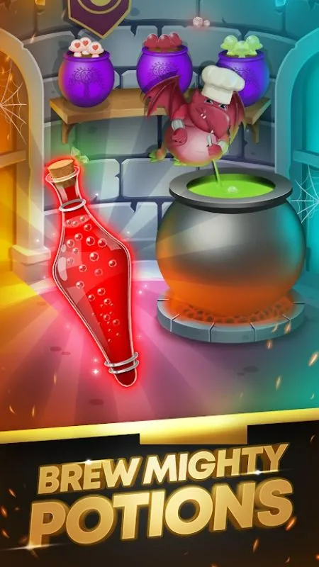 Screenshot of WizQuest showing the potion crafting interface with a bubbling cauldron.