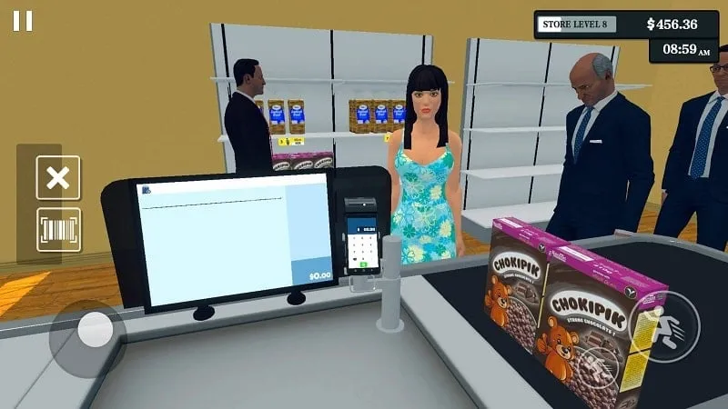 Screenshot showcasing the cashier interface in Supermarket Simulator, highlighting the interaction with customers.