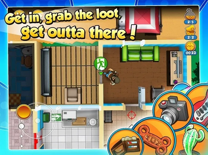 Screenshot showcasing the diverse range of gadgets available in Robbery Bob 2: Double Trouble.