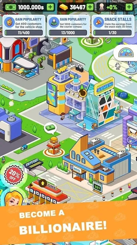 Screenshot showcasing the free purchase feature in Idle City Tycoon mod apk.