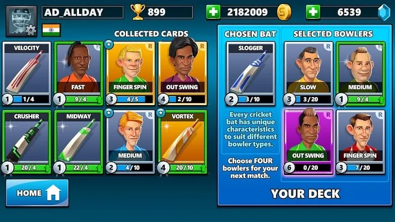 Screenshot showcasing the gameplay of Stick Cricket Live with the mod menu activated.