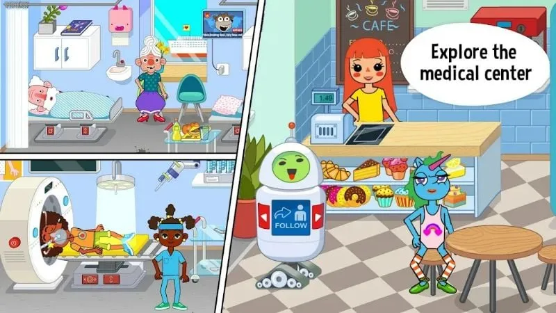 Screenshot showcasing various interactive areas within the Pepi Hospital game, indicating potential areas where users might encounter issues.