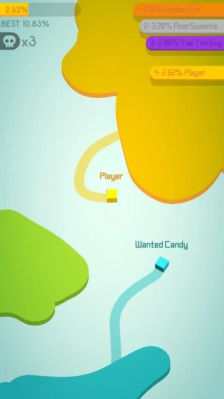 Screenshot showing gameplay of Paper.io 2 with the mod activated.