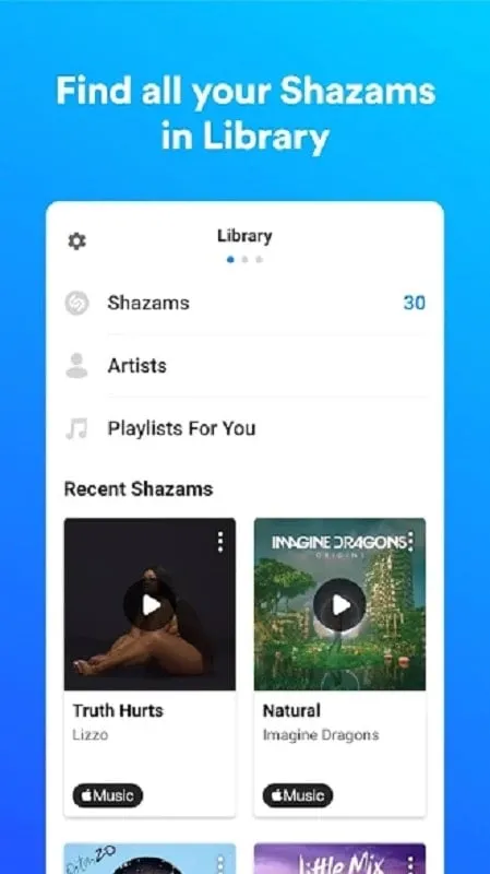 Shazam mod results screen with song information