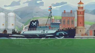 Ship navigating a waterway in Ship Simulator.