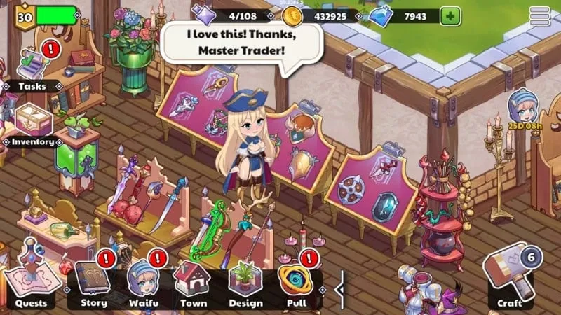 Shop interface with various upgrade options and character interactions in Waifu Shop.