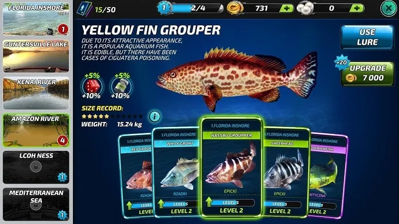 Showcase of various fish species in Fishing Clash.