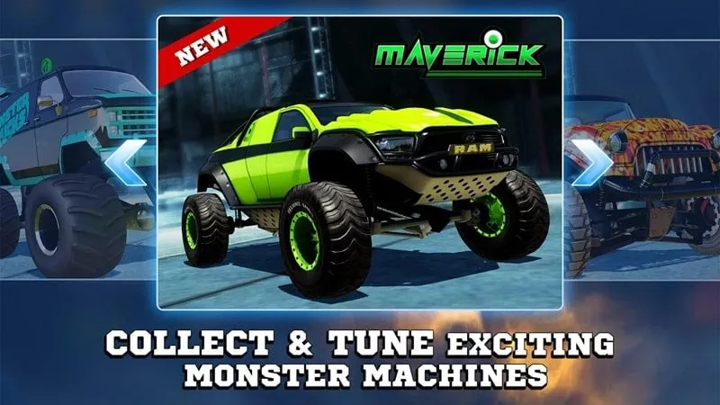 Showcasing the garage interface with various monster trucks available for purchase.