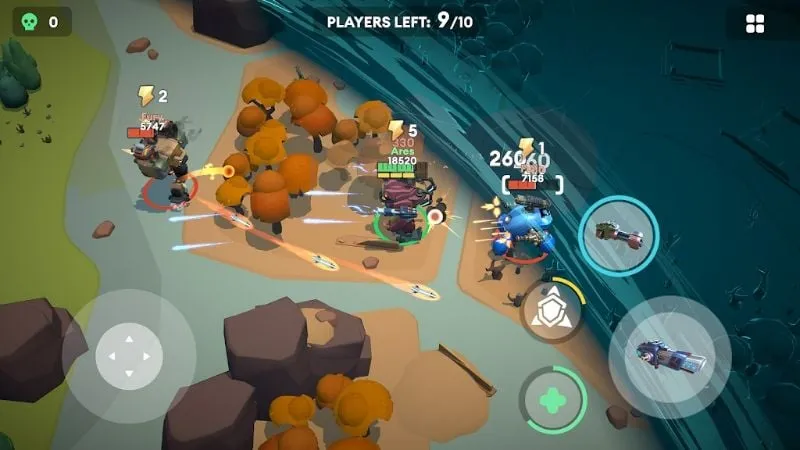 Showing the gameplay of Little Big Robots with robots fighting in a cityscape.