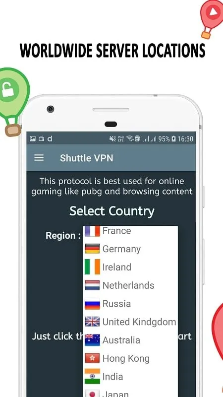 Shuttle VPN mod interface showing premium features