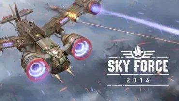 Sky Force 2014 gameplay screenshot showing intense aerial combat and vibrant graphics.