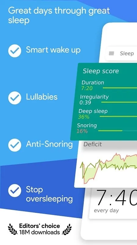 Interface do Sleep as Android mod mostrando recursos premium