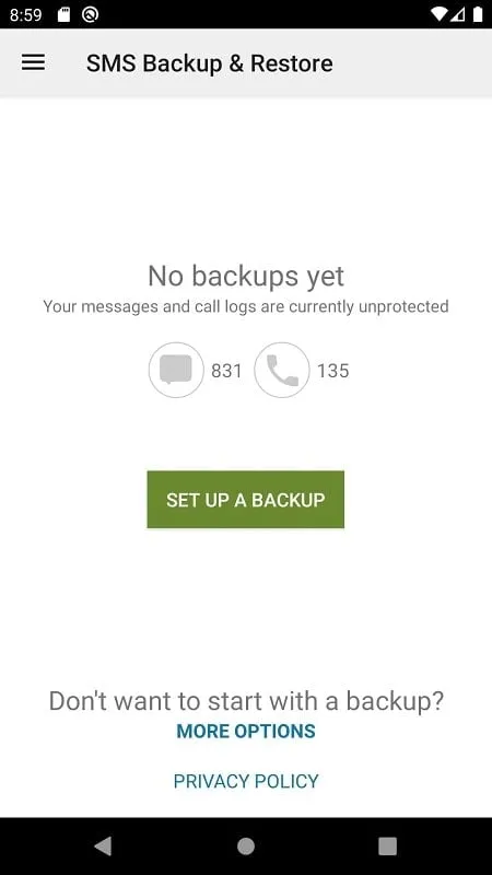 SMS Backup Restore Pro interface with backup options highlighted