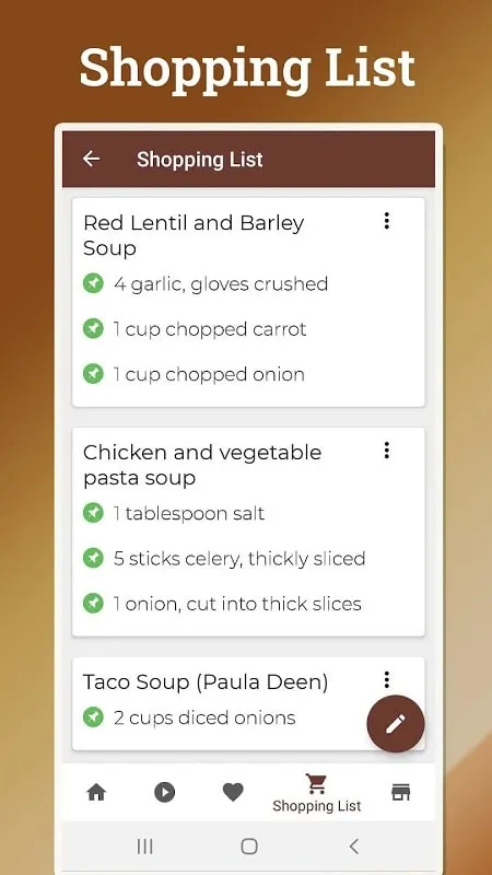 Soup Recipes mod features a shopping list