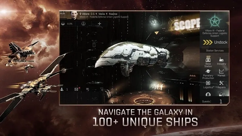 Spaceship customization screen in EVE Echoes.