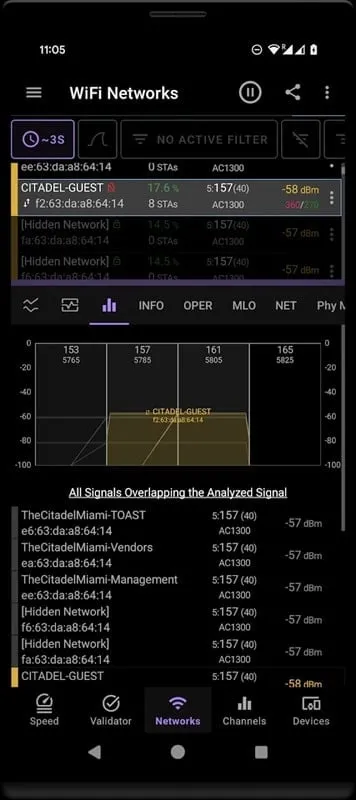 Speed Test WiFi Analyzer mod showing connection scan results