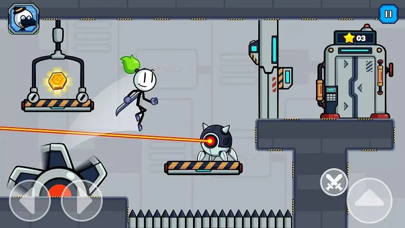 Stickman character battling a robot in Stick Fight Prison Escape.