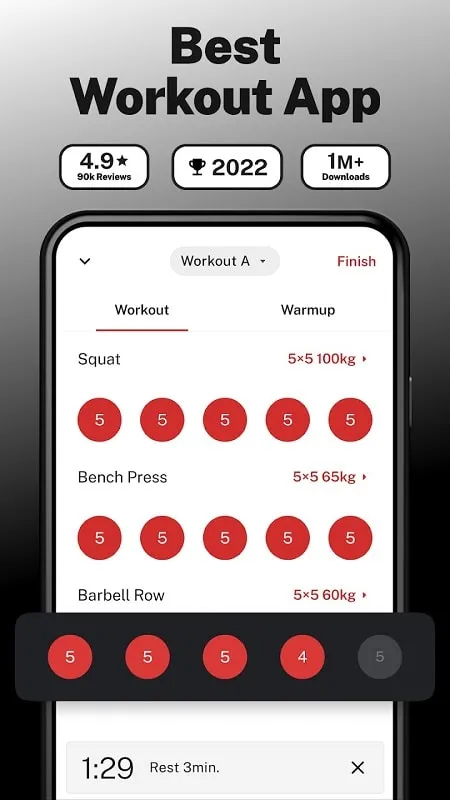 Interface do StrongLifts Weight Lifting Log Mod mostrando recursos premium