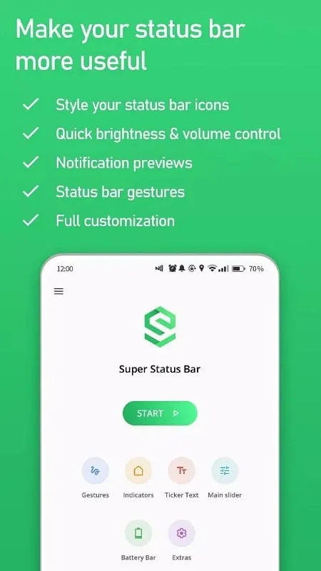 Super Status Bar mod interface showing premium features