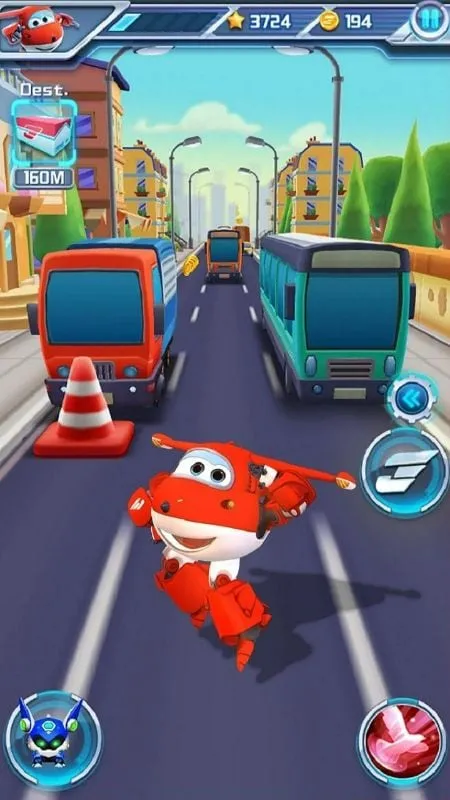 Super Wings transformation gameplay on a mobile device.