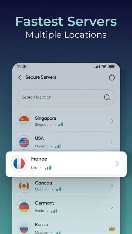 Pantalla de selección de servidor de Surge VPN