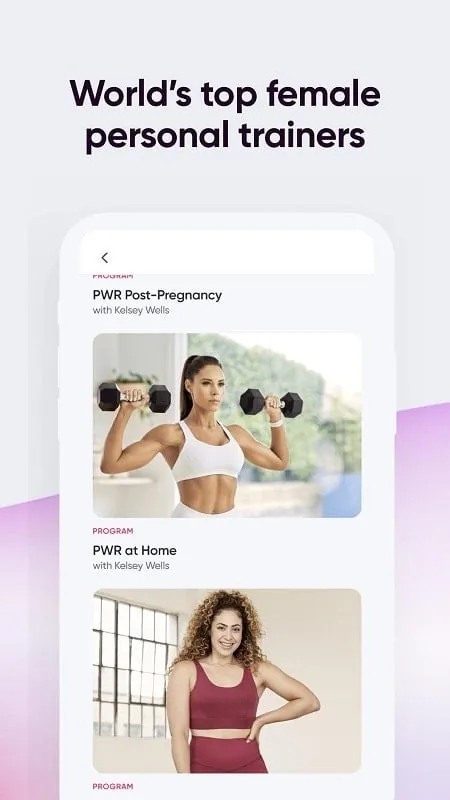 Giao diện Sweat Fitness App For Women mod làm nổi bật các tùy chọn bài tập khác nhau