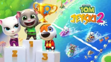 Talking Tom Jetski 2 gameplay on a tropical island.