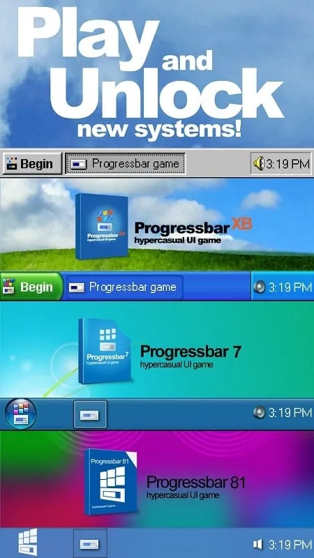 The main menu of Progressbar95 with different options and the progress bar prominently displayed.