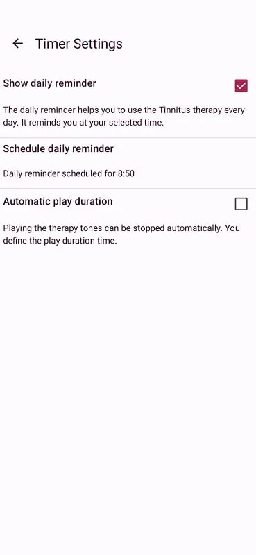 Tonal Tinnitus Therapy mod interface displaying frequency selection