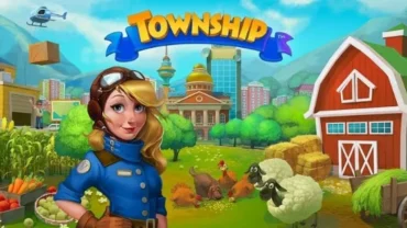 Township in-game screenshot showcasing various buildings and farmlands.